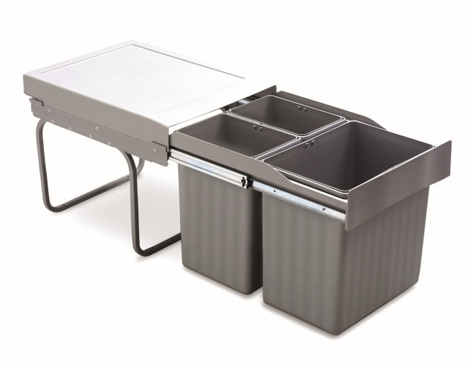 Pull-out waste bin, 1 x 16L and 2 x 7.5L, full extension runners, grey-292-GY