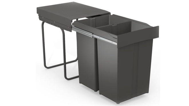 Pull-out waste bin with plastic lid, 2 x 29 litre bins, for 400mm cabinet, Orion Grey-295-GY