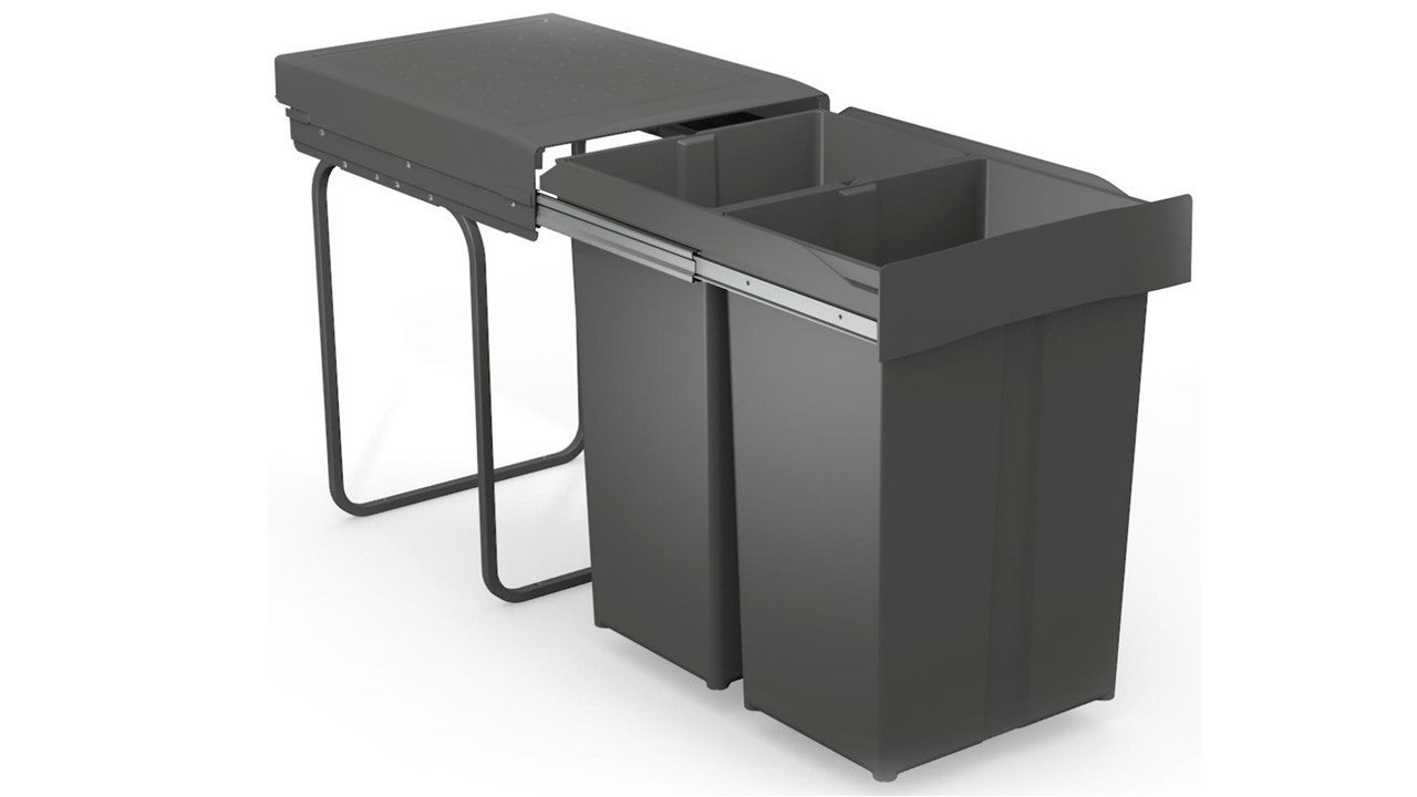 Pull-out waste bin with plastic lid, 2 x 29 litre bins, for 400mm cabinet, Orion Grey-295-GY