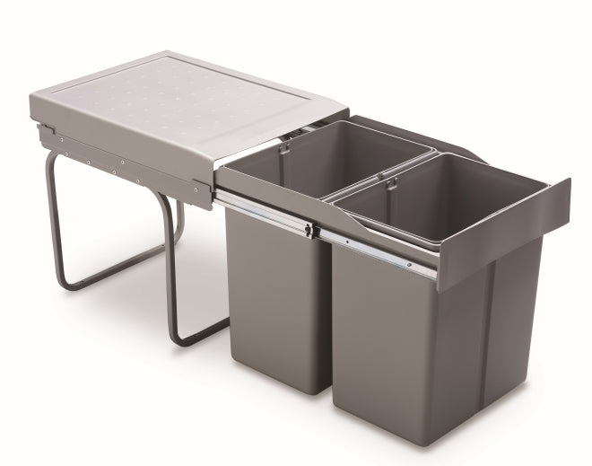 Pull-out waste bin, 2 x 21 litre bins, full extension runners, for 400mm cabinet, grey-296-GY