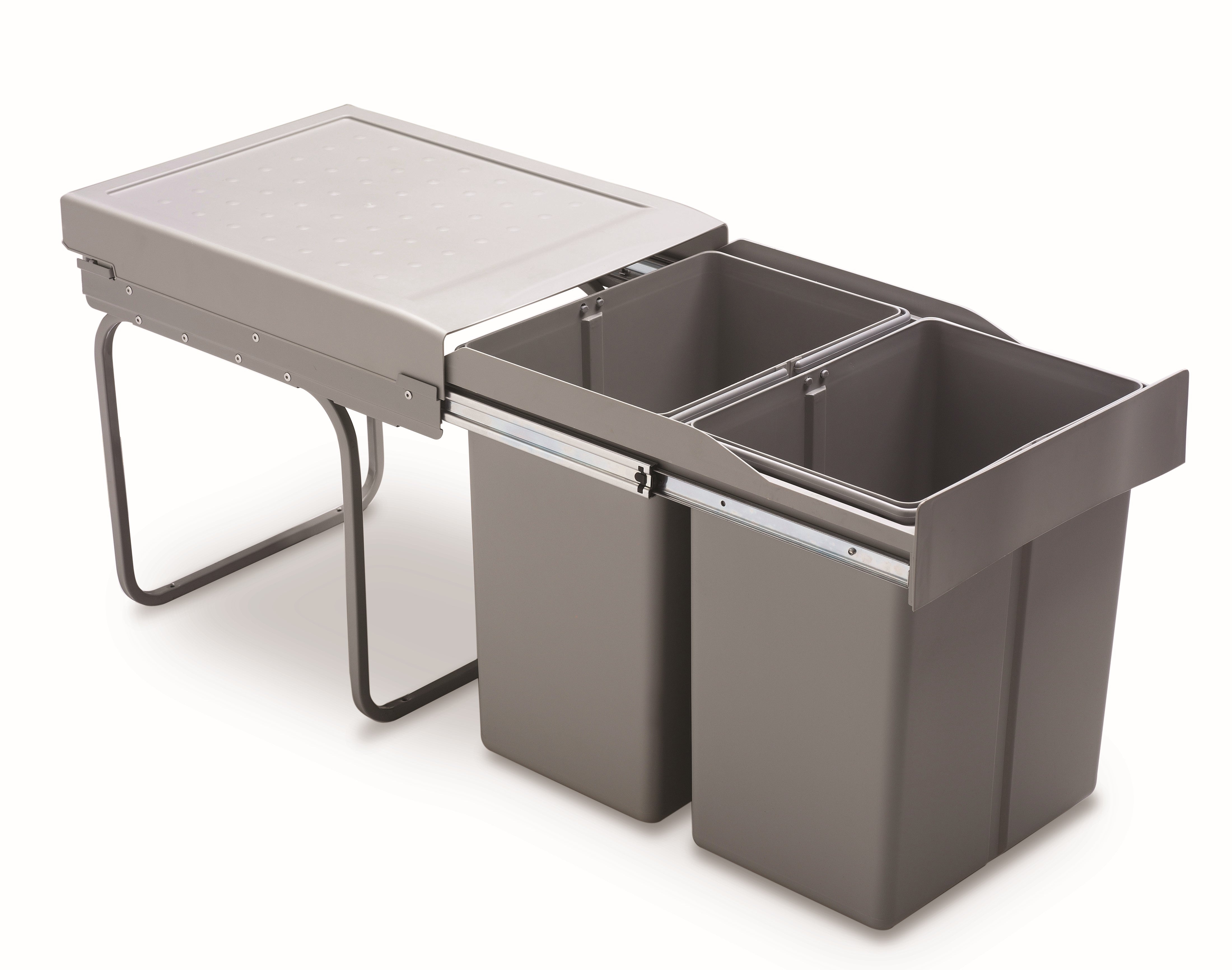 Pull-out waste bin, 2 x 21 litre bins, full extension runners, for 400mm cabinet, grey-296-GY