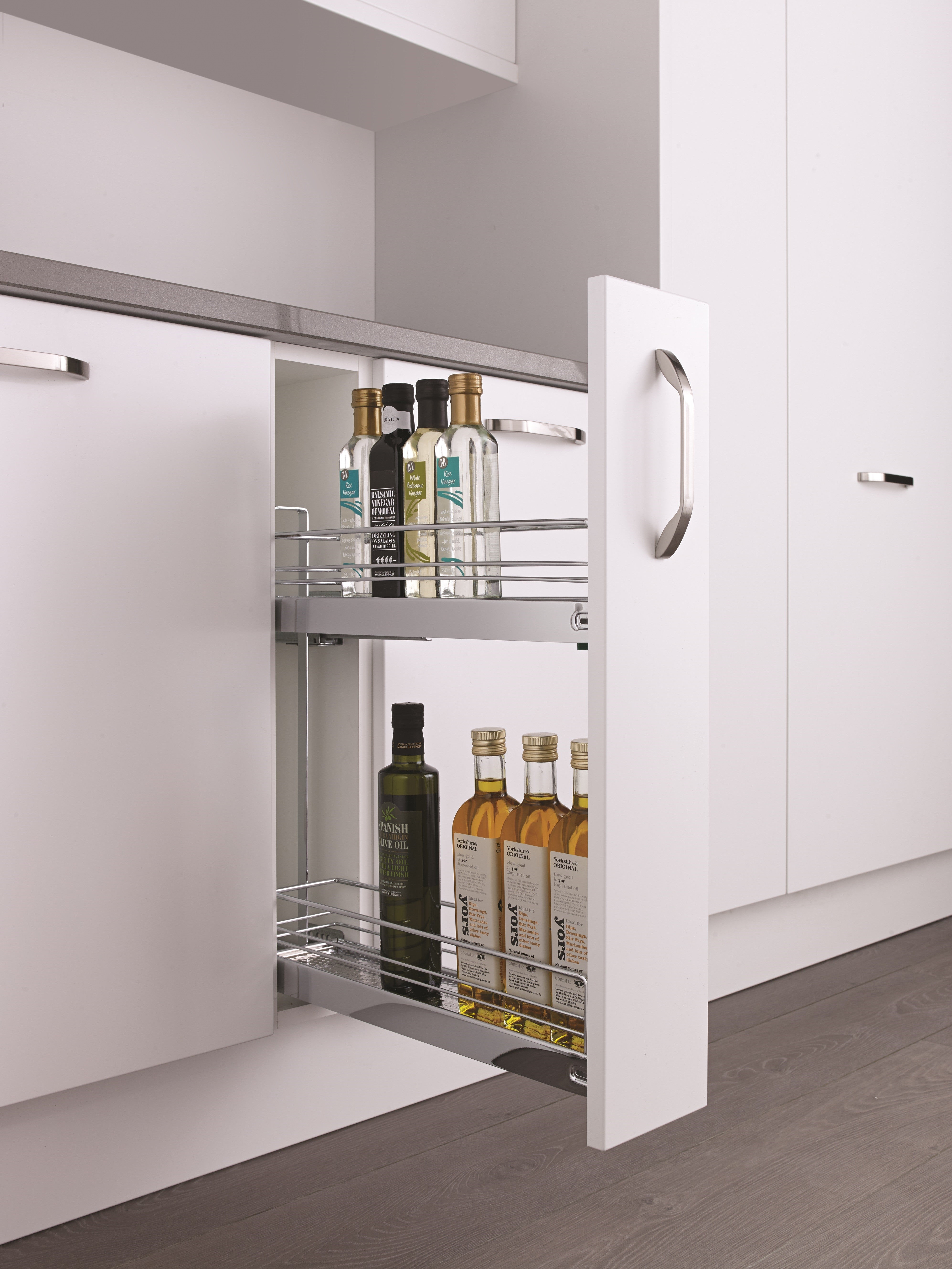 Classic base unit pull-out, 150mm wide, silver/chrome, with upgrade runner-K2BP150CH