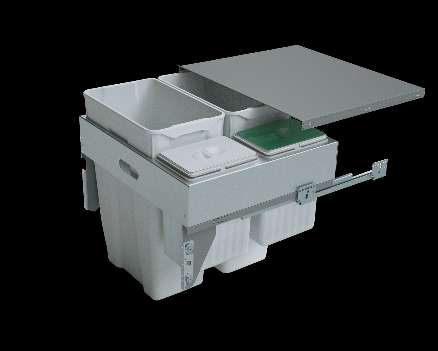 Pull-out waste bin with metal lid, 2 x 30 and 2 x 7.5 litre bins, for 600mm cabinet, grey 581-GY