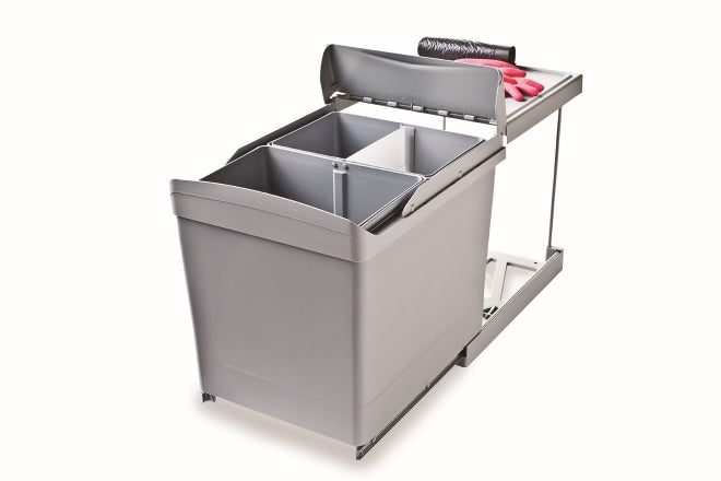 Pull-out waste bin, automatic opening, 2 x 21 litre bins, grey-538-GR