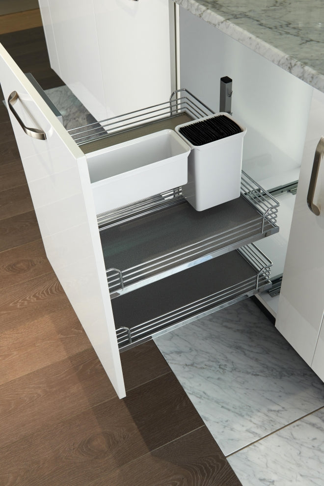 Arena base unit pull out, unhanded, 600mm, full extension with soft close, grey trays-KABP600SC
