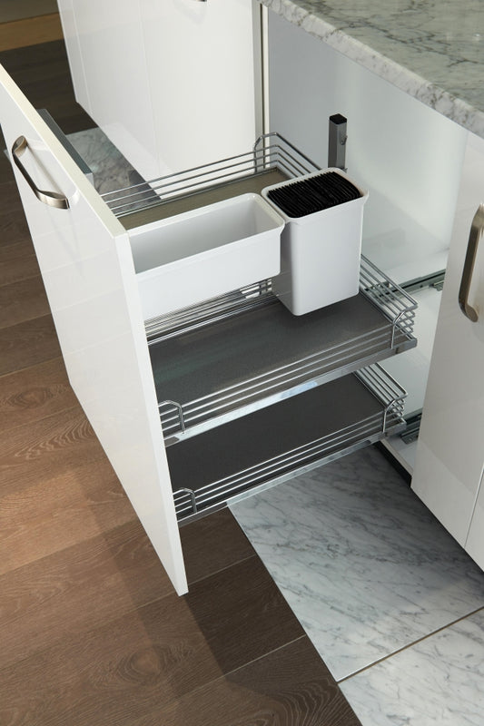Arena base unit pull out, unhanded, 600mm, full extension with soft close, grey trays-KABP600SC