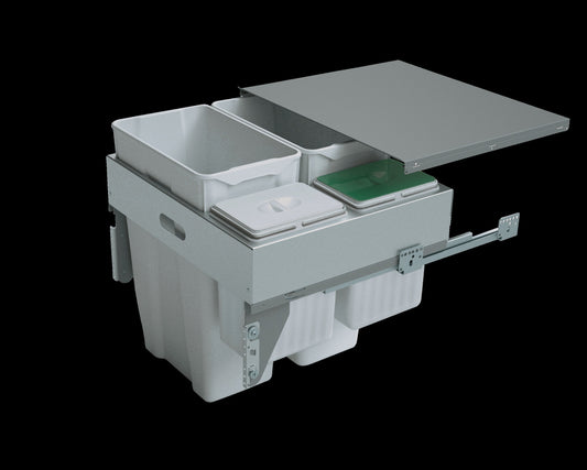 Pull-out waste bin with metal lid, 2 x 30 and 2 x 7.5 litre bins, for 600mm cabinet, grey 581-GY